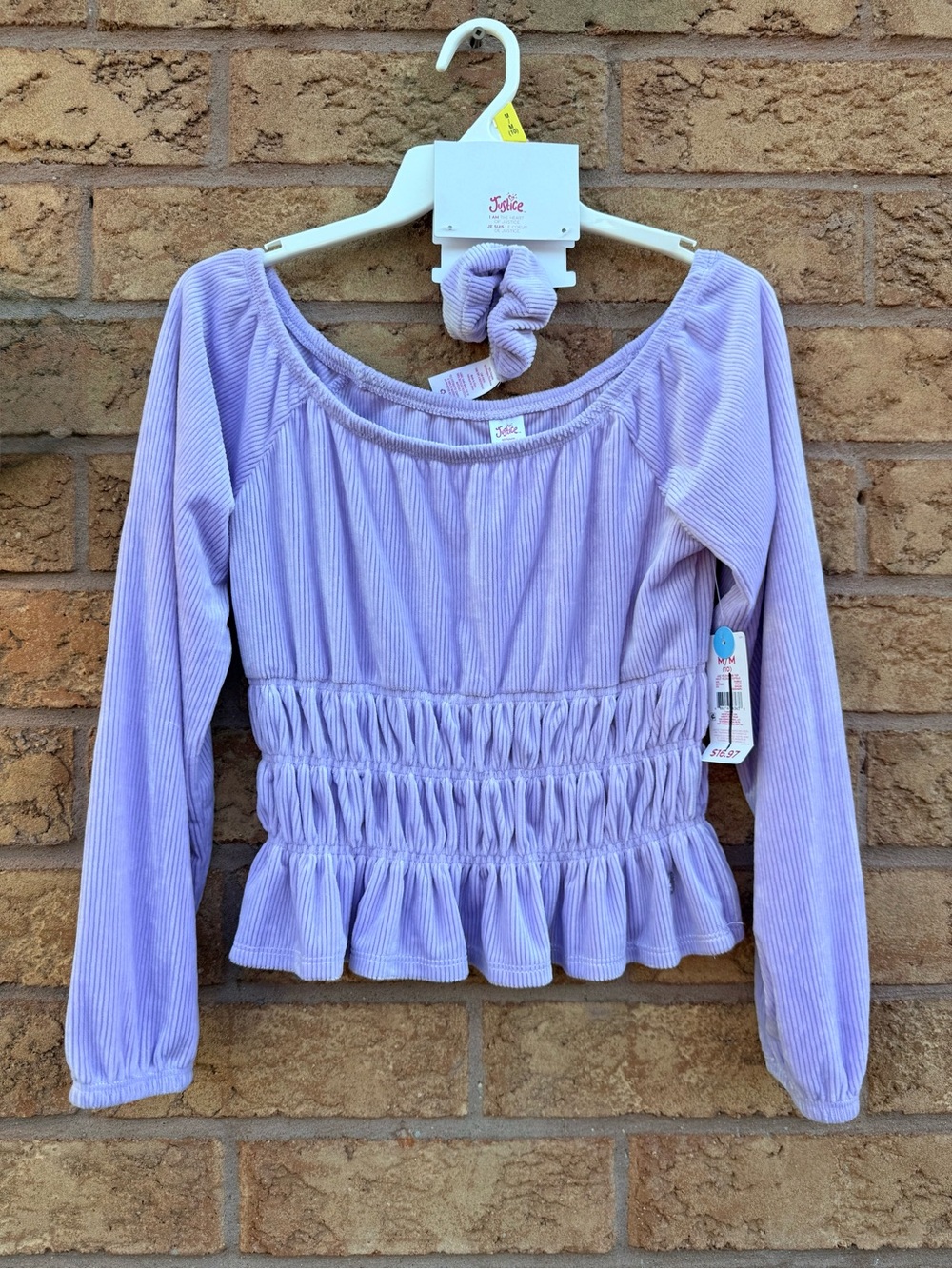 🌿4/$25 • Justice Lavender Ribbed Smocked Peplum Long-Sleeve Top with Scrunchie